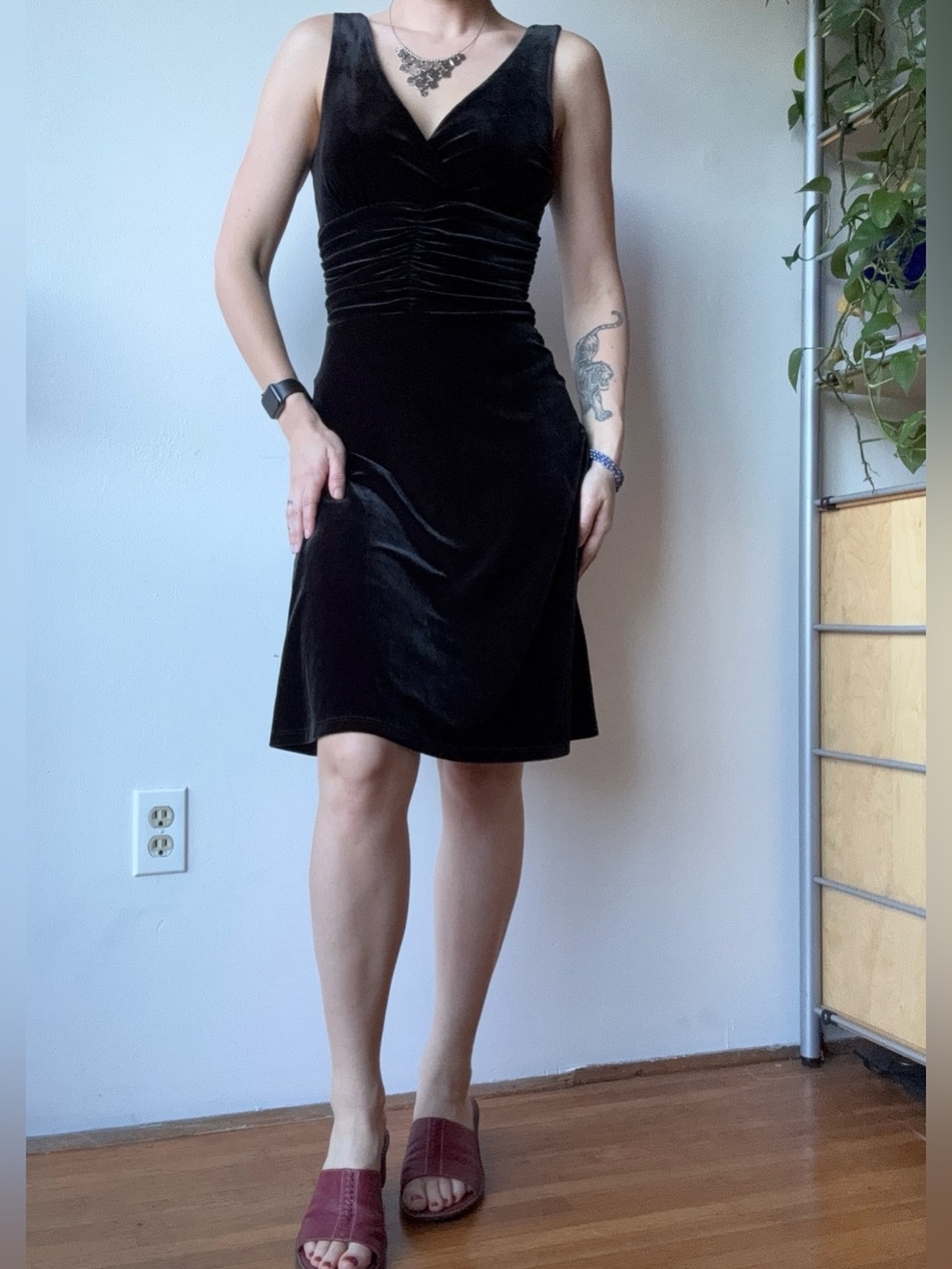 Le Chateau Black Velvet V-Neck Midi Dress - Made in Canada